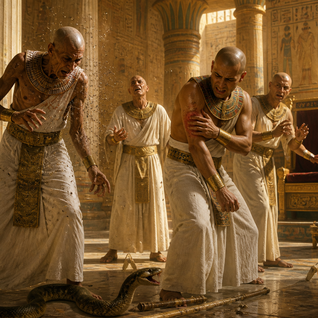 Oil-painting style scene of The Magicians of Egypt, figures from the Bible