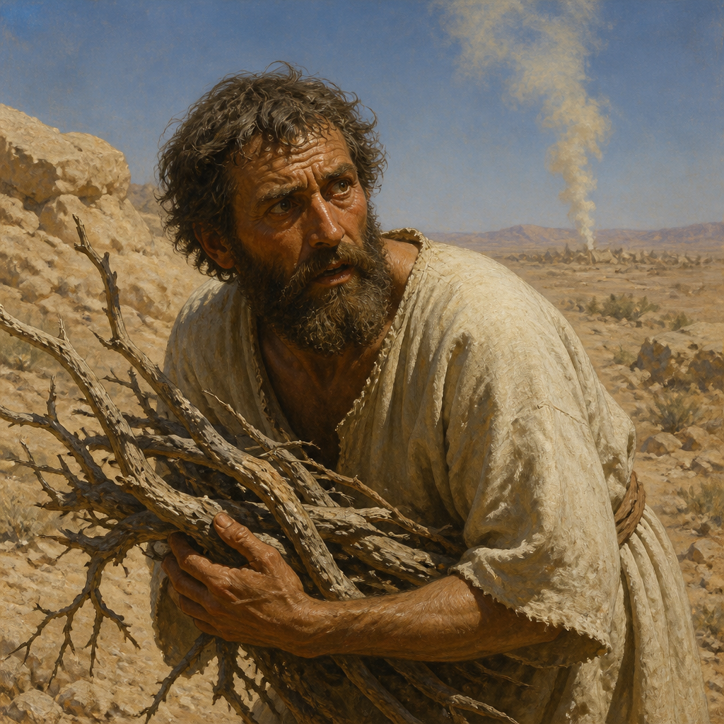 Oil-painting style portrait of The Man Gathering Sticks on the Sabbath, Man executed for violating the Sabbath by gathering wood in the wilderness