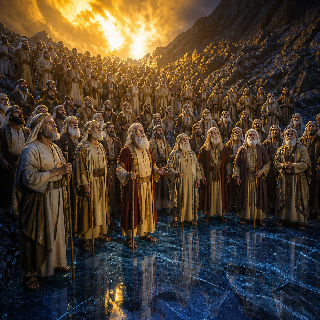 Oil-painting style scene of The Seventy Elders of Israel, figures from the Bible