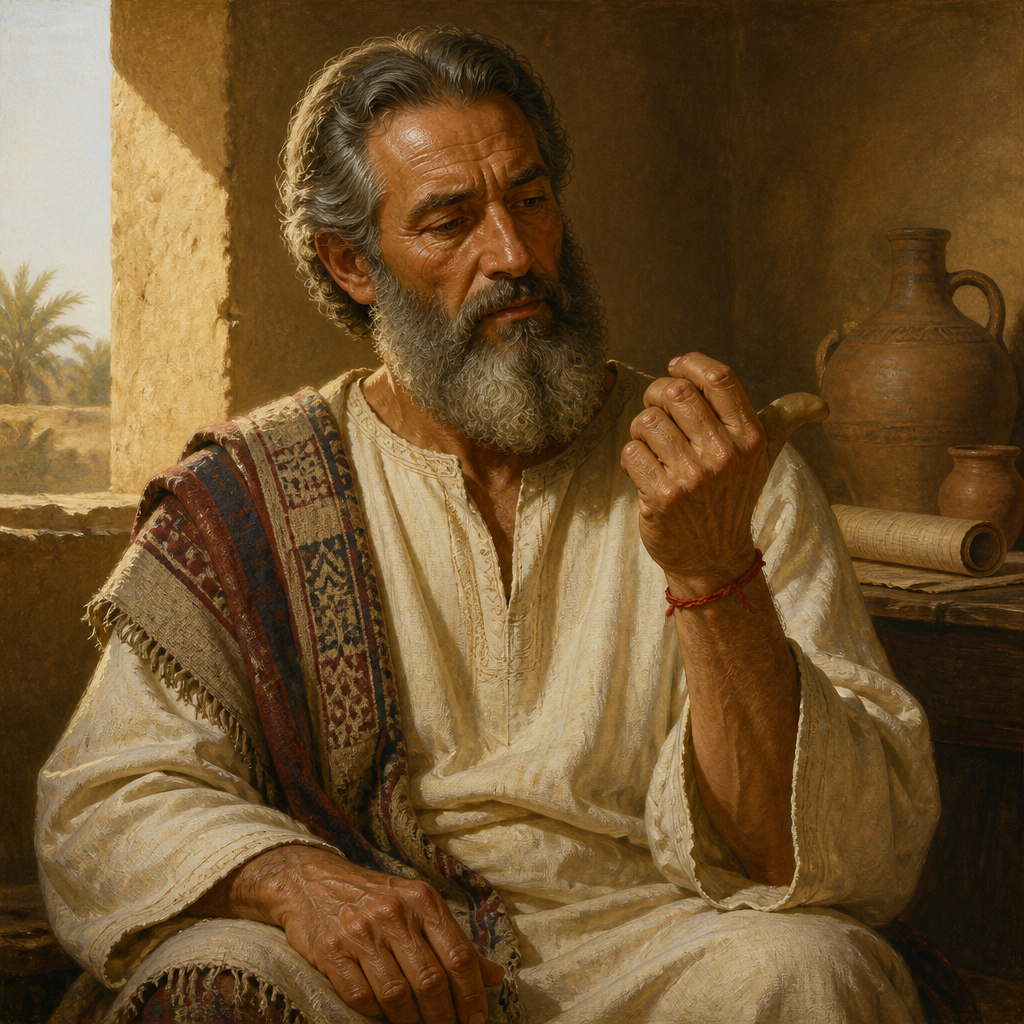 Oil-painting style portrait of Zerah, Son of Tamar, Son of Judah marked by a scarlet thread at birth who founded the Zerahite clan
