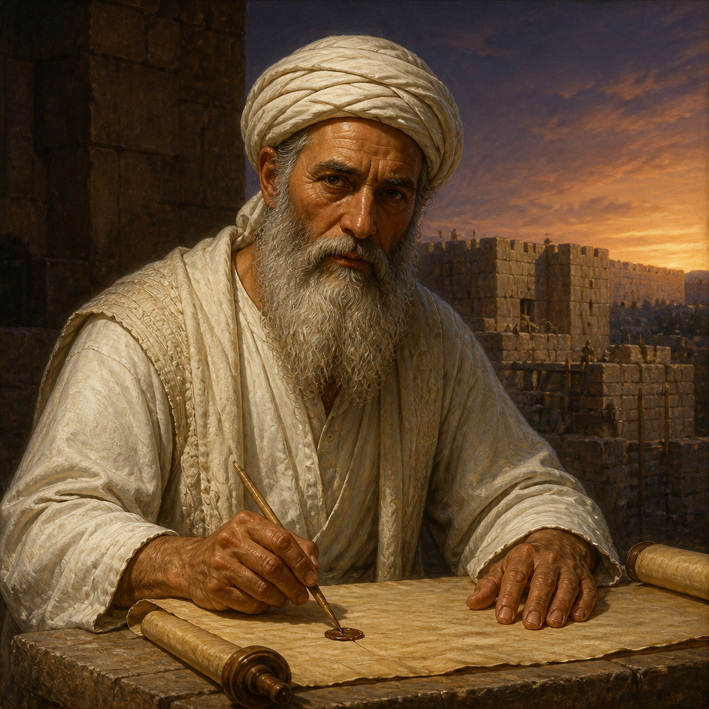 Oil-painting style portrait of Abijah, Priest of the Restoration, Priest who signed the solemn covenant under Nehemiah following the return from Babylon