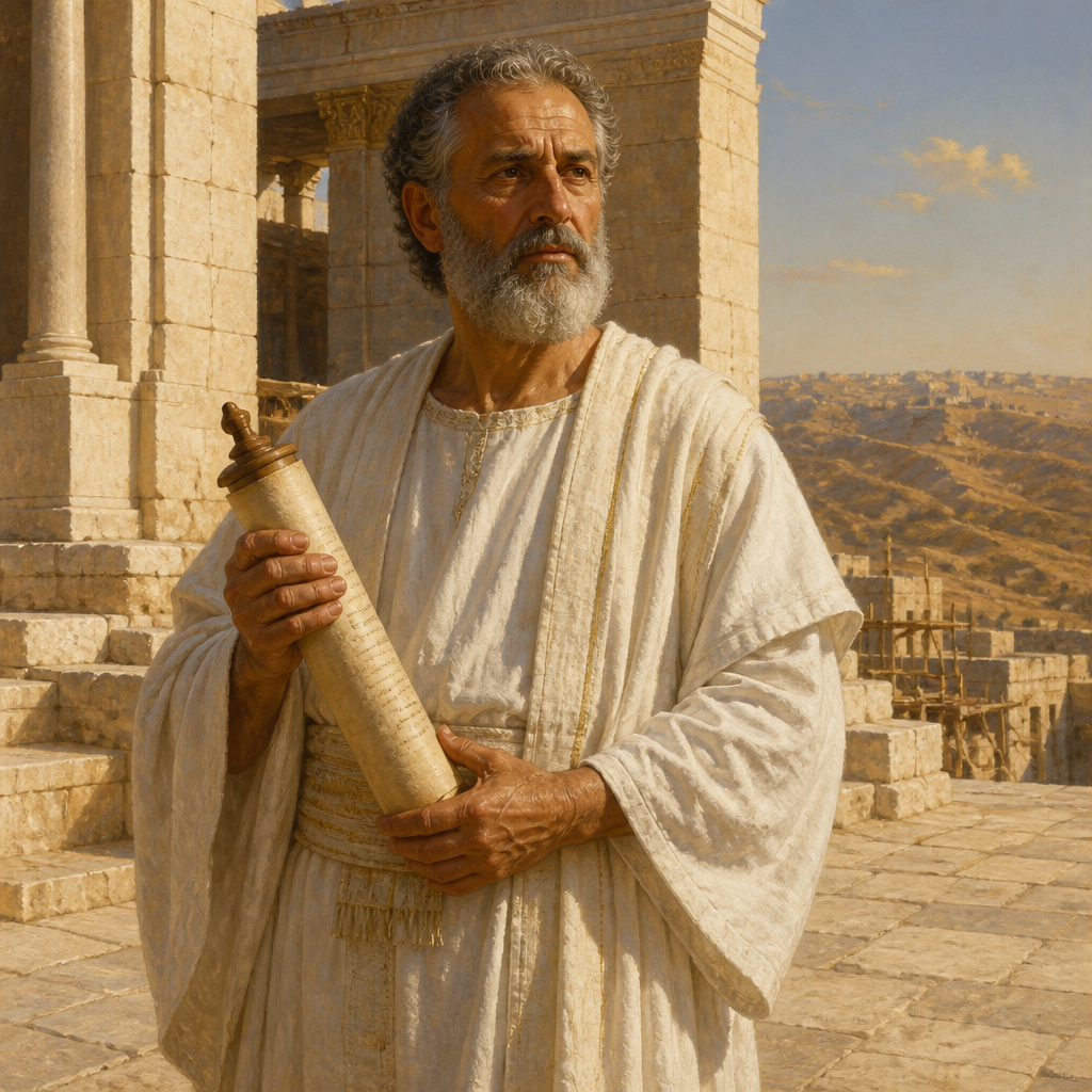 Oil-painting style portrait of Adaiah, Priest of the Post-Exilic Return, Priest who oversaw the work of the temple after the return from the Babylonian Exile