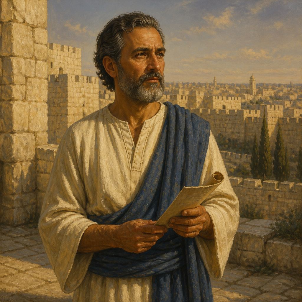 Oil-painting style portrait of Adaiah, son of Joiarib, Judean leader of the Shelanite clan who settled in Jerusalem after the Babylonian exile