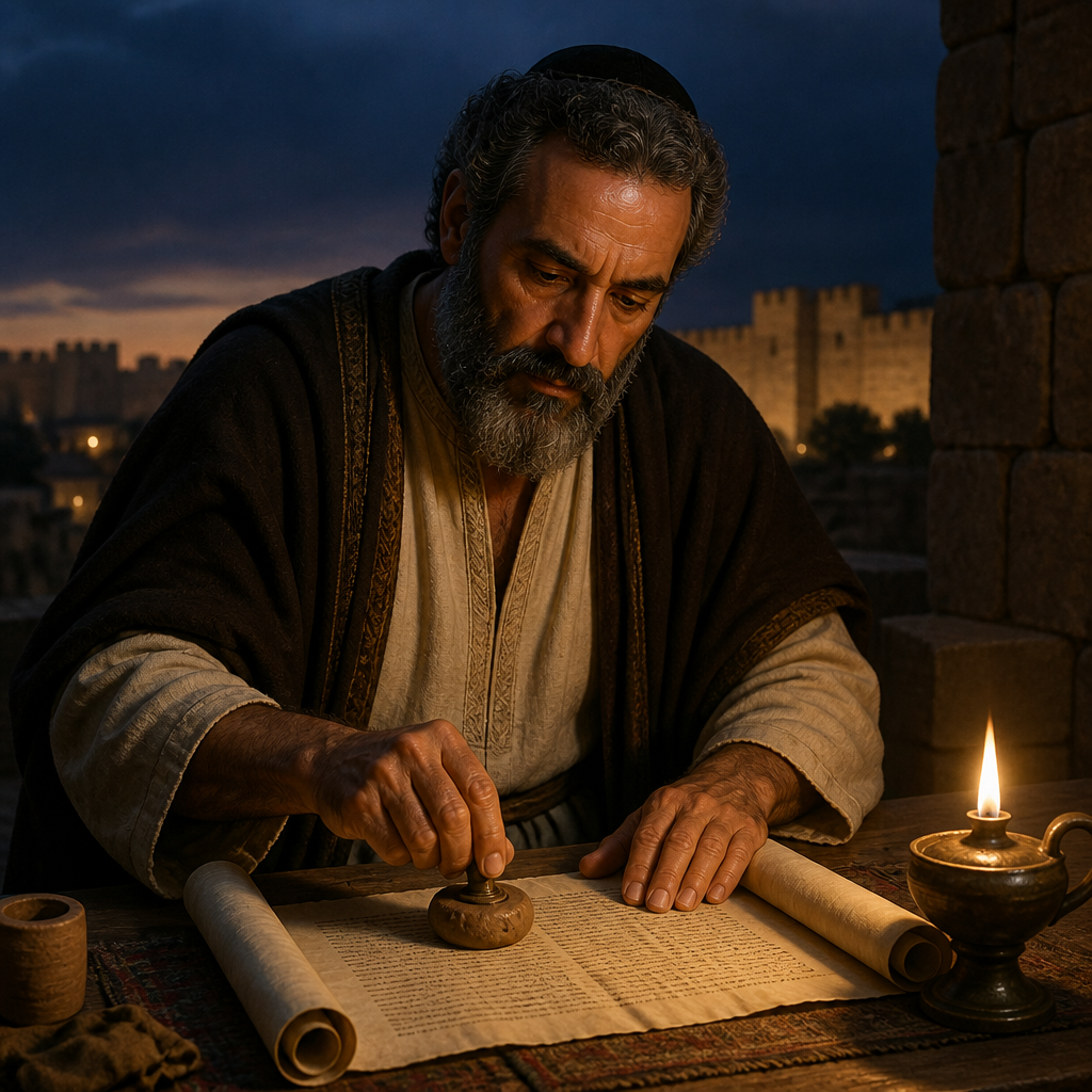 Oil-painting style portrait of Adin, Covenant Signatory of the Post-Exilic Period, Leader who sealed the covenant of faithfulness under Nehemiah