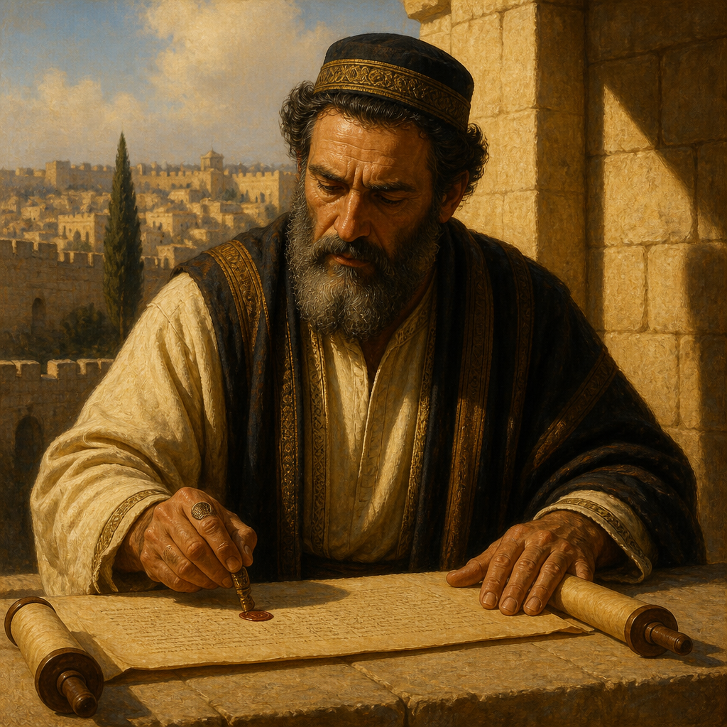 Oil-painting style portrait of Adonijah, Chief of the People, Leader of the people who signed Nehemiah’s covenant of reform