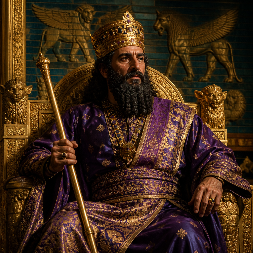 Oil-painting style portrait of Ahasuerus, King of Persia who married Esther and authorized the defense of the Jews against Haman's plot