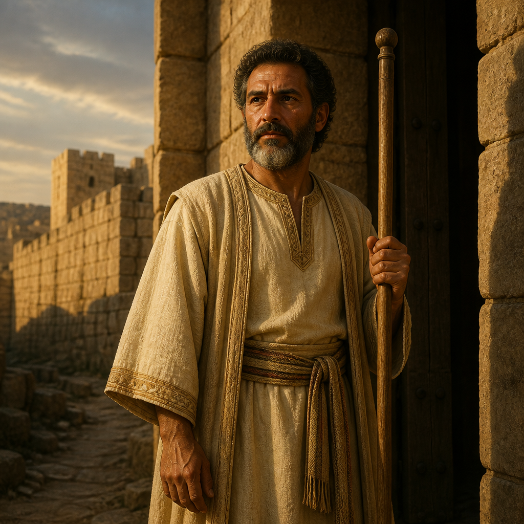 Oil-painting style portrait of Ahiman, Levite Gatekeeper, Levite gatekeeper who helped reorganize Jerusalem after the Babylonian Exile