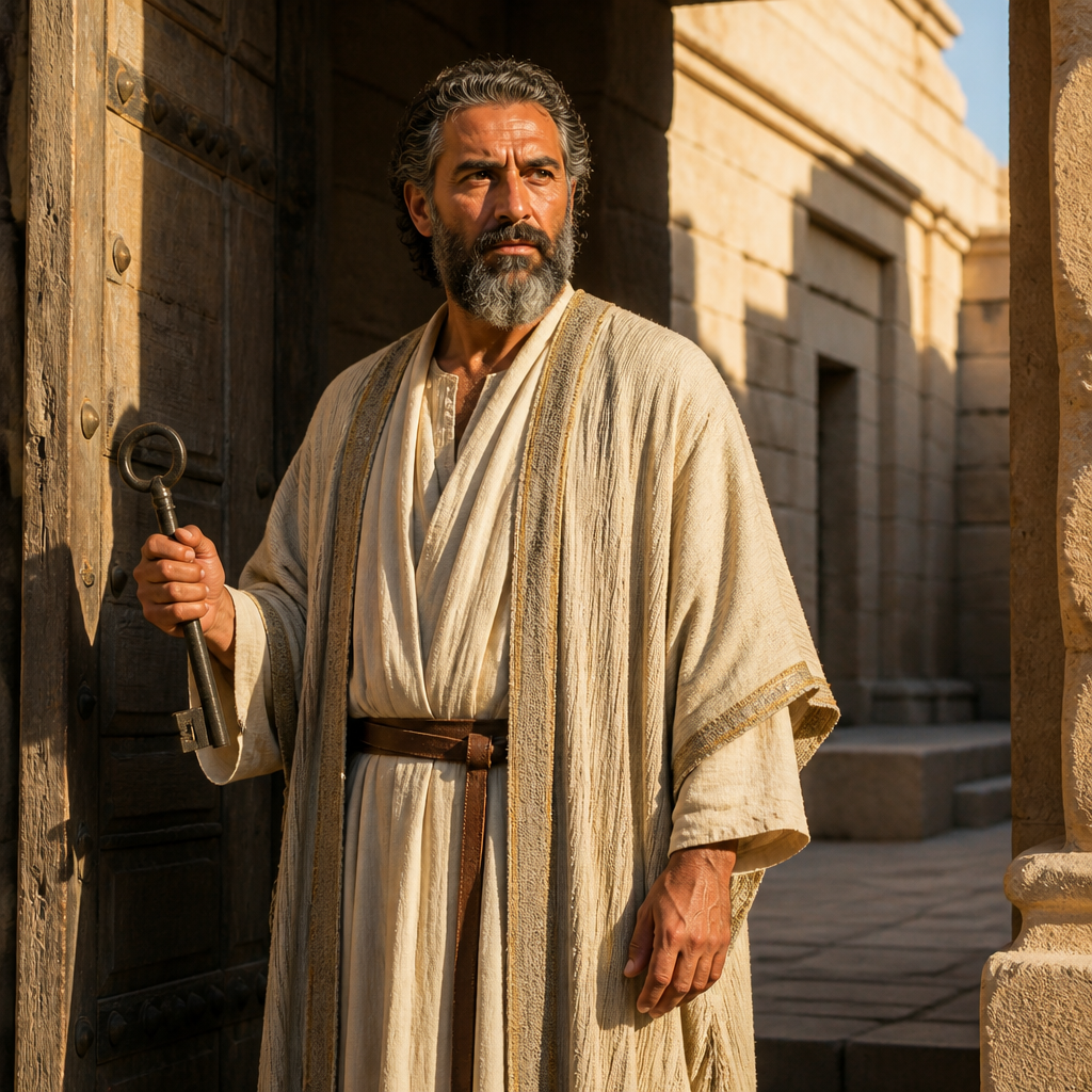 Oil-painting style portrait of Akkub, Levite Gatekeeper of the Return, Levite gatekeeper who guarded the temple storerooms after the return from Babylon