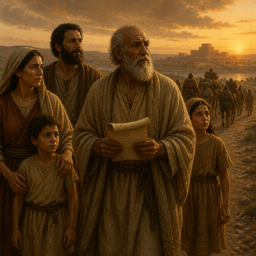 Oil-painting style scene of Akkub, Head of a Family of Temple Servants, figures from the Bible