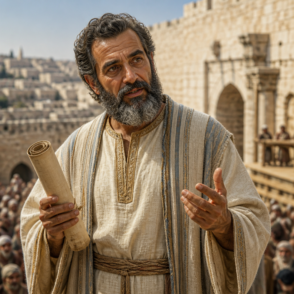 Oil-painting style portrait of Akkub, Levite Instructor of the Law, Levite who helped Ezra explain the Law to the people of Jerusalem
