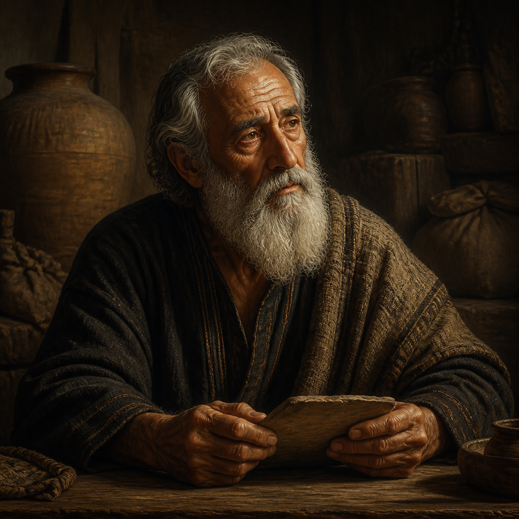 Oil-painting style portrait of Ami, Patriarch of a family of Solomon's servants who returned from the Babylonian exile