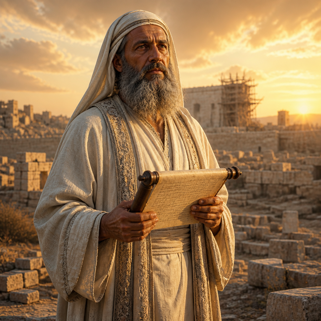 Oil-painting style portrait of Amok, Priestly leader who returned from the Babylonian exile with Zerubbabel