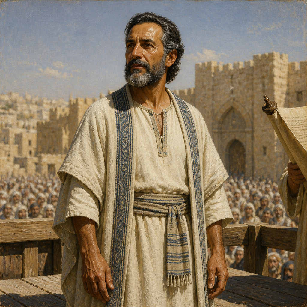 Oil-painting style portrait of Anaiah, Attendant of Ezra, leader who stood at Ezra's right hand during the reading of the Law