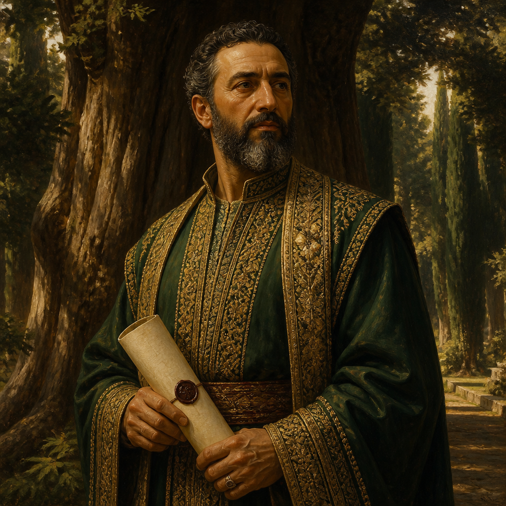 Oil-painting style portrait of Asaph, Keeper of the King’s Forest, Persian official who provided timber for Nehemiah's reconstruction of Jerusalem