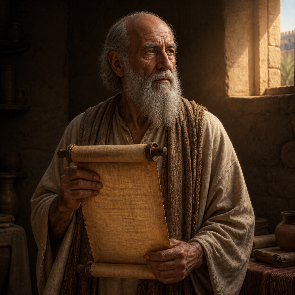 Oil-painting style portrait of Asnah, Patriarch whose descendants returned to Jerusalem as temple servants