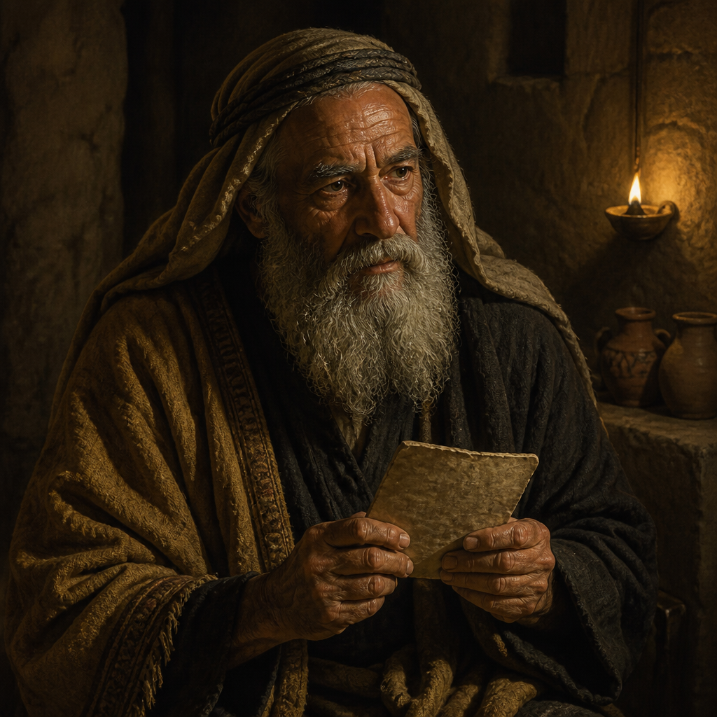 Oil-painting style portrait of Ater, Patriarch of the House of Hezekiah, Patriarch whose 98 descendants returned from the Babylonian Exile with Zerubbabel