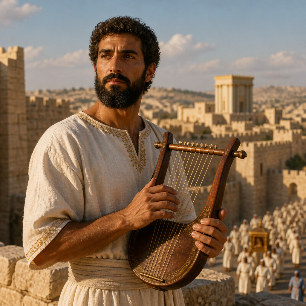 Oil-painting style portrait of Azarel, Musician of the Post-Exilic Period, Levite musician who performed during the dedication of Jerusalem's wall