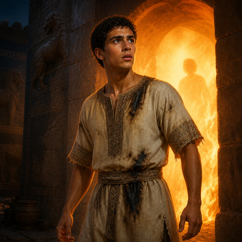 Oil-painting style portrait of Azariah, Companion of Daniel, Youth who survived the fiery furnace with Shadrach and Meshach