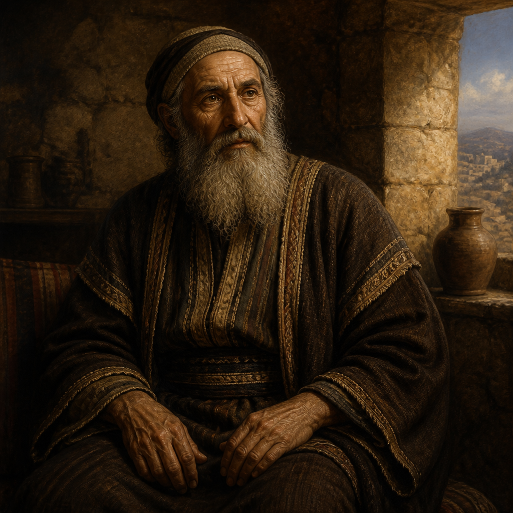 Oil-painting style portrait of Azbuk, father of Nehemiah, the ruler of half the district of Beth-zur