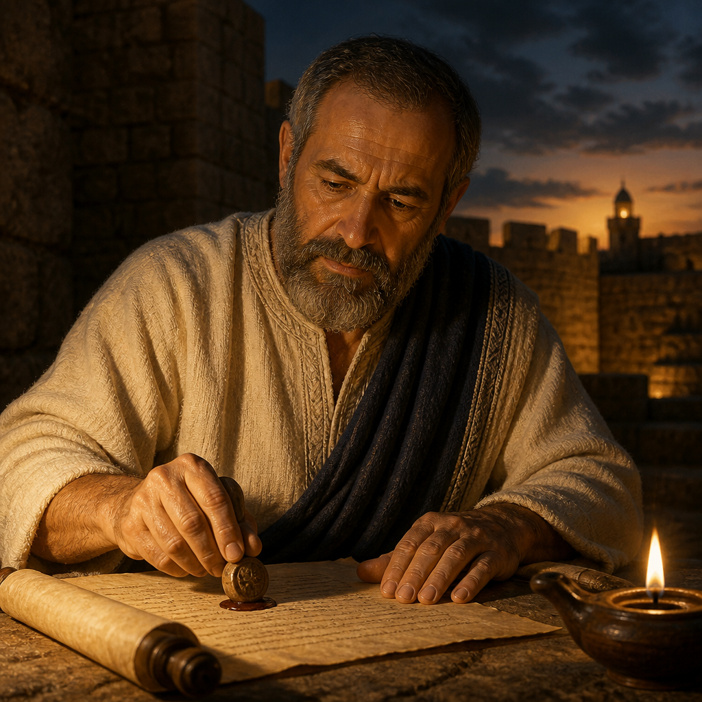 Oil-painting style portrait of Azgad, Signer of the Nehemiah Covenant, Jewish leader who signed the solemn covenant under Nehemiah