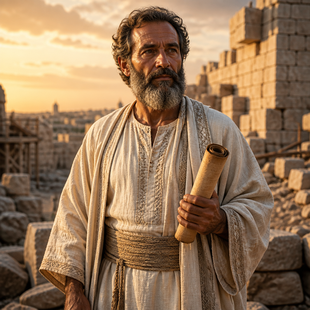 Oil-painting style portrait of Bakbakkar, Levite who returned to Jerusalem after the Babylonian exile