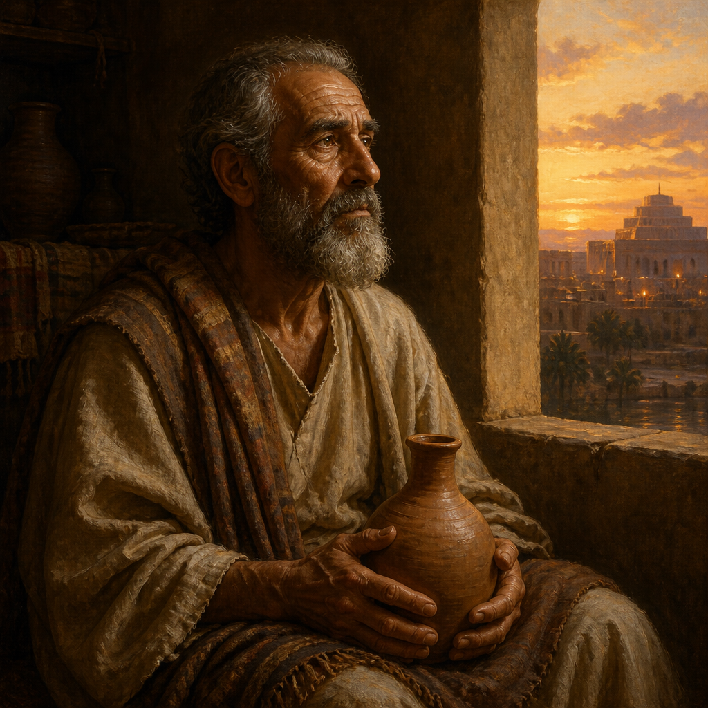 Oil-painting style portrait of Bakbuk, Ancestor of a family of temple servants who returned from the Babylonian Exile