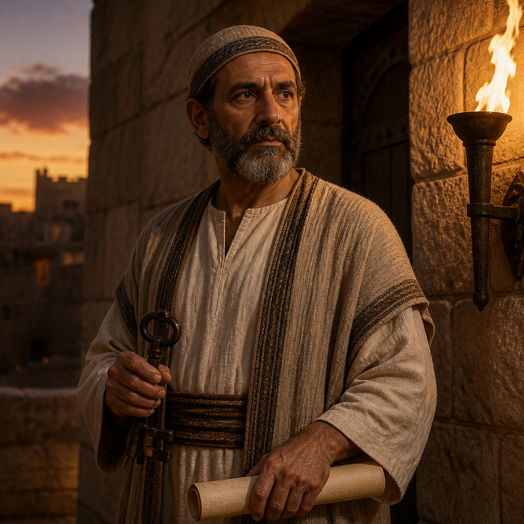 Oil-painting style portrait of Bakbukiah, Levite who served as a leader of prayer and a temple gatekeeper after the exile