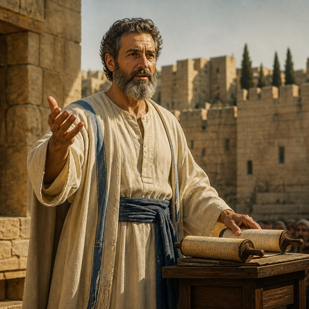 Oil-painting style portrait of Bani, Levite of the Return, Levite leader who instructed the people in the Law and led the public confession under Ezra