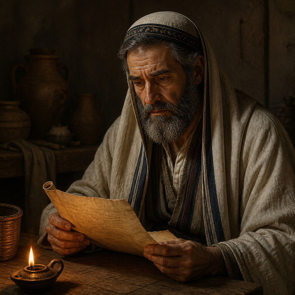 Oil-painting style portrait of Barzillai, Priest of the Exile and Return, Priestly ancestor whose descendants lost their standing due to unverified genealogy during the return from Babylon