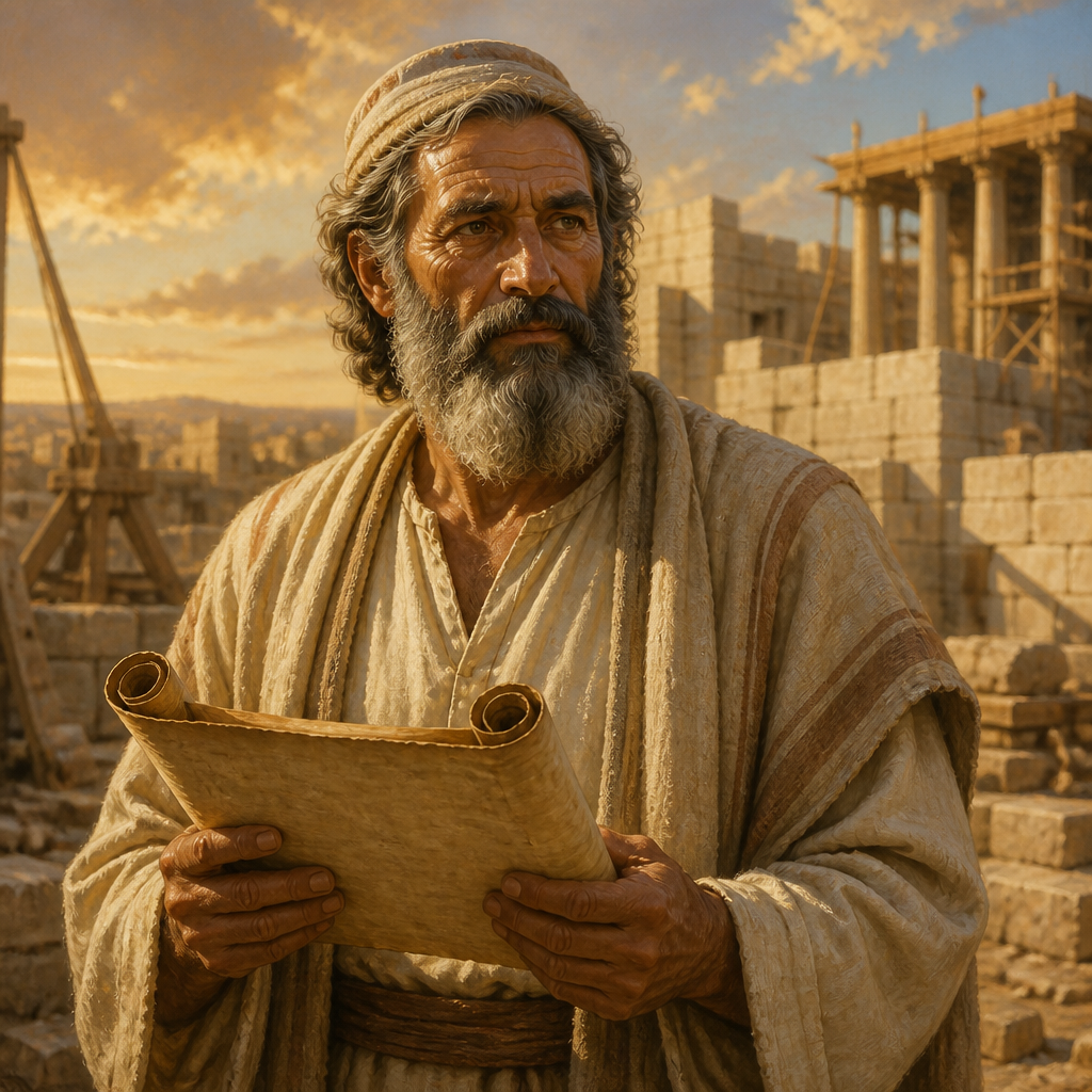 Oil-painting style portrait of Bazluth, Patriarch of a family of Nethinim who returned from the Babylonian Exile