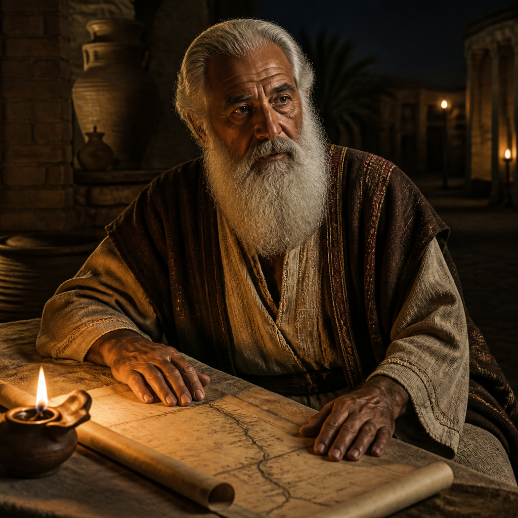 Oil-painting style portrait of Bebai, Patriarch of an Exilic Clan, Patriarch whose descendants returned to Jerusalem from the Babylonian exile