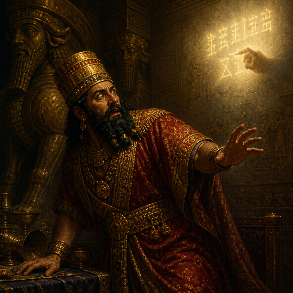 Oil-painting style portrait of Belshazzar, King of Babylon who saw the supernatural writing on the wall during a sacrilegious feast