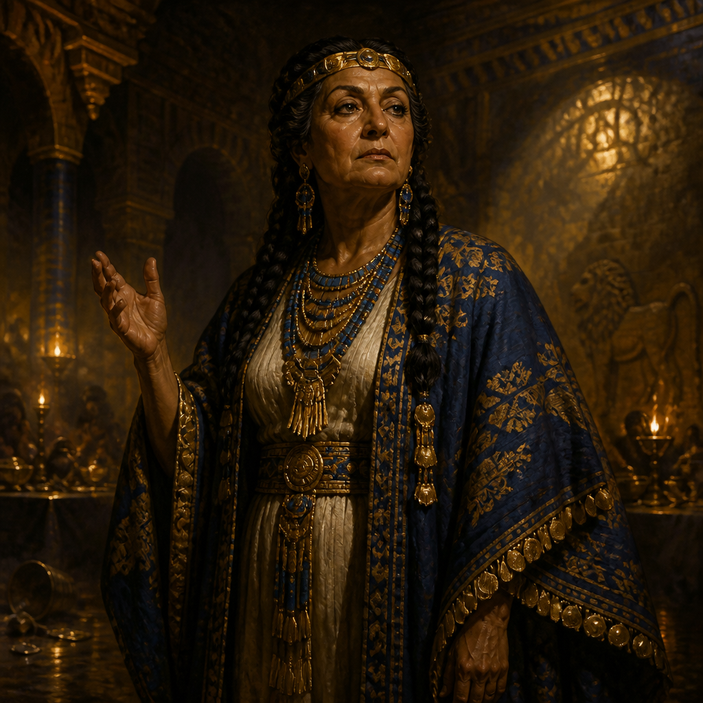 Oil-painting style portrait of Belshazzar's Queen, Queen who advised King Belshazzar to summon Daniel to interpret the writing on the wall