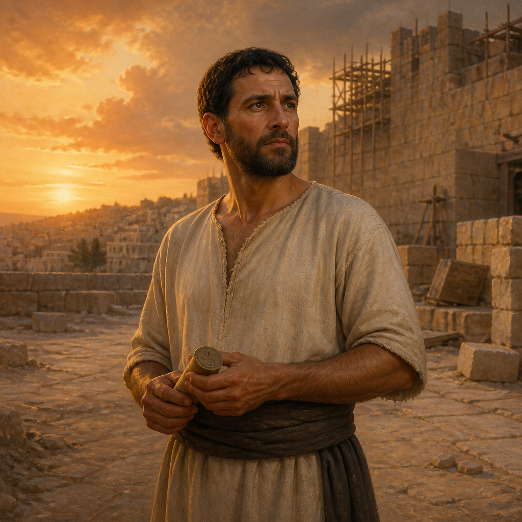 Oil-painting style portrait of Benaiah, Descendant of Nebo, Israelite descendant of Nebo who divorced his foreign wife during Ezra’s reforms