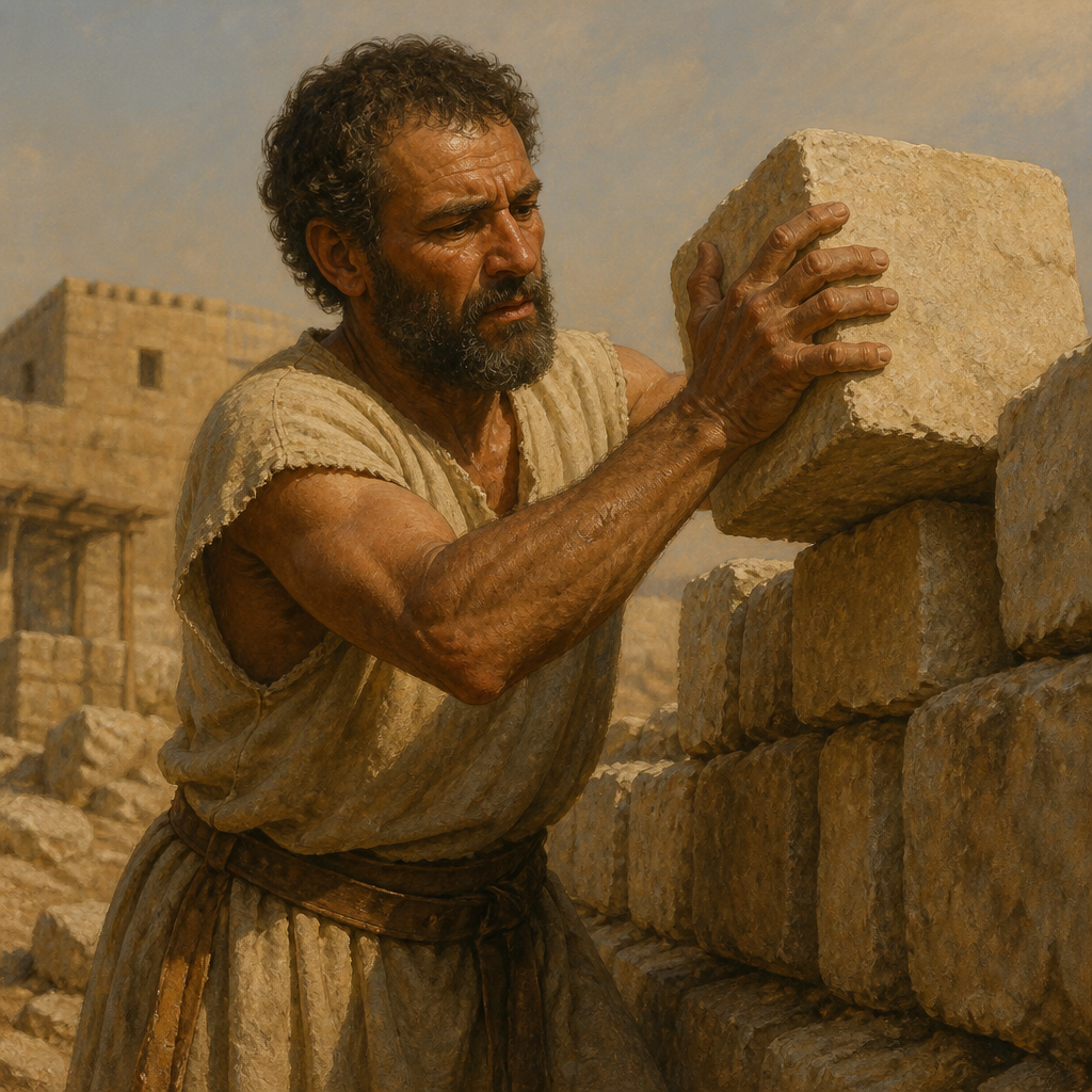 Oil-painting style portrait of Benjamin, Rebuilder of the Jerusalem Wall, Rebuilder of the Jerusalem wall who repaired the section in front of his own house