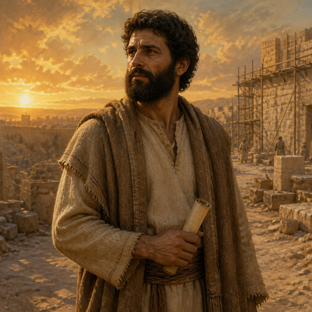 Oil-painting style portrait of Bezalel, Descendant of Pahath-moab, Israelite man who was listed among those required to divorce their foreign wives by Ezra
