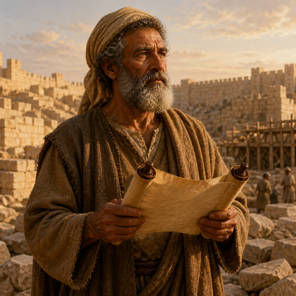 Oil-painting style portrait of Bilshan, Leader of the Jewish exiles who returned from Babylon with Zerubbabel
