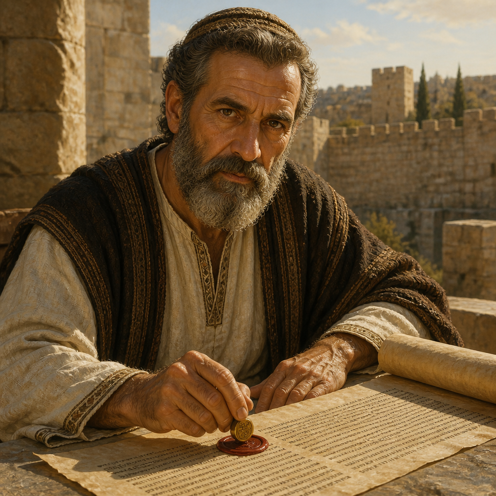Oil-painting style portrait of Bunni, Signer of the Covenant, Leader who sealed Nehemiah's covenant to follow the Law of Moses