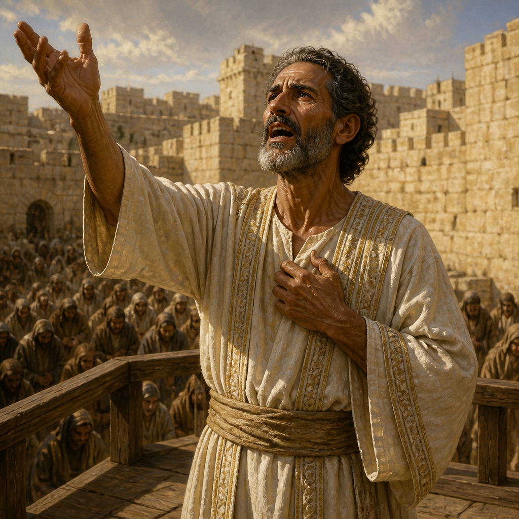 Oil-painting style portrait of Bunni, Levite of the Public Confession, Levite who led the public confession on the raised platform in Nehemiah 9