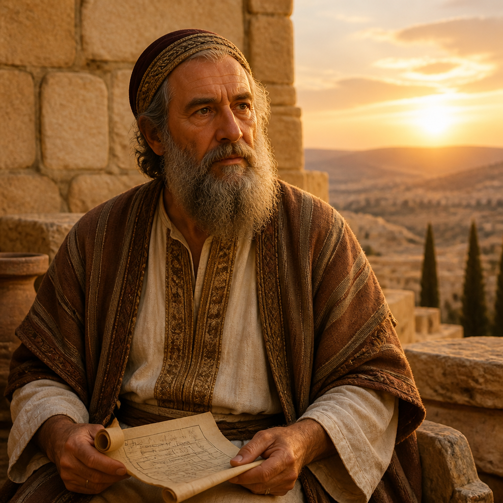 Oil-painting style portrait of Col-hozeh, Father of Shallum, Patriarch whose son Shallum ruled the district of Mizpah and repaired the Fountain Gate