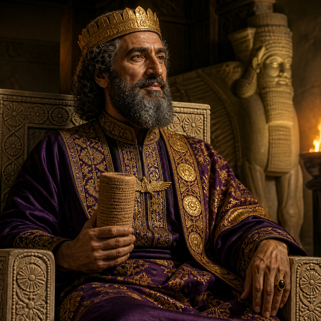 Oil-painting style portrait of Cyrus, Persian king who issued the decree allowing the Jews to return from exile and rebuild the Temple