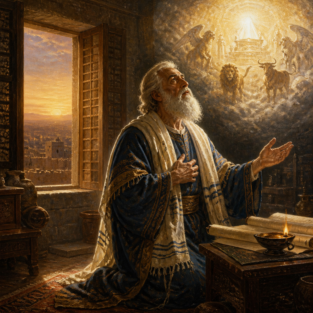 Oil-painting style symbolic depiction of Daniel, Prophet of the Exile, a figure seen in prophetic vision