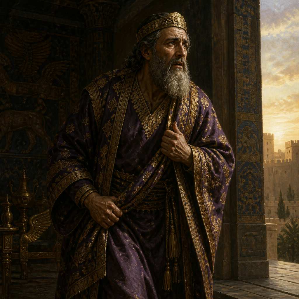 Oil-painting style portrait of Darius the Mede, King who reluctantly cast Daniel into the lions' den and later praised the living God