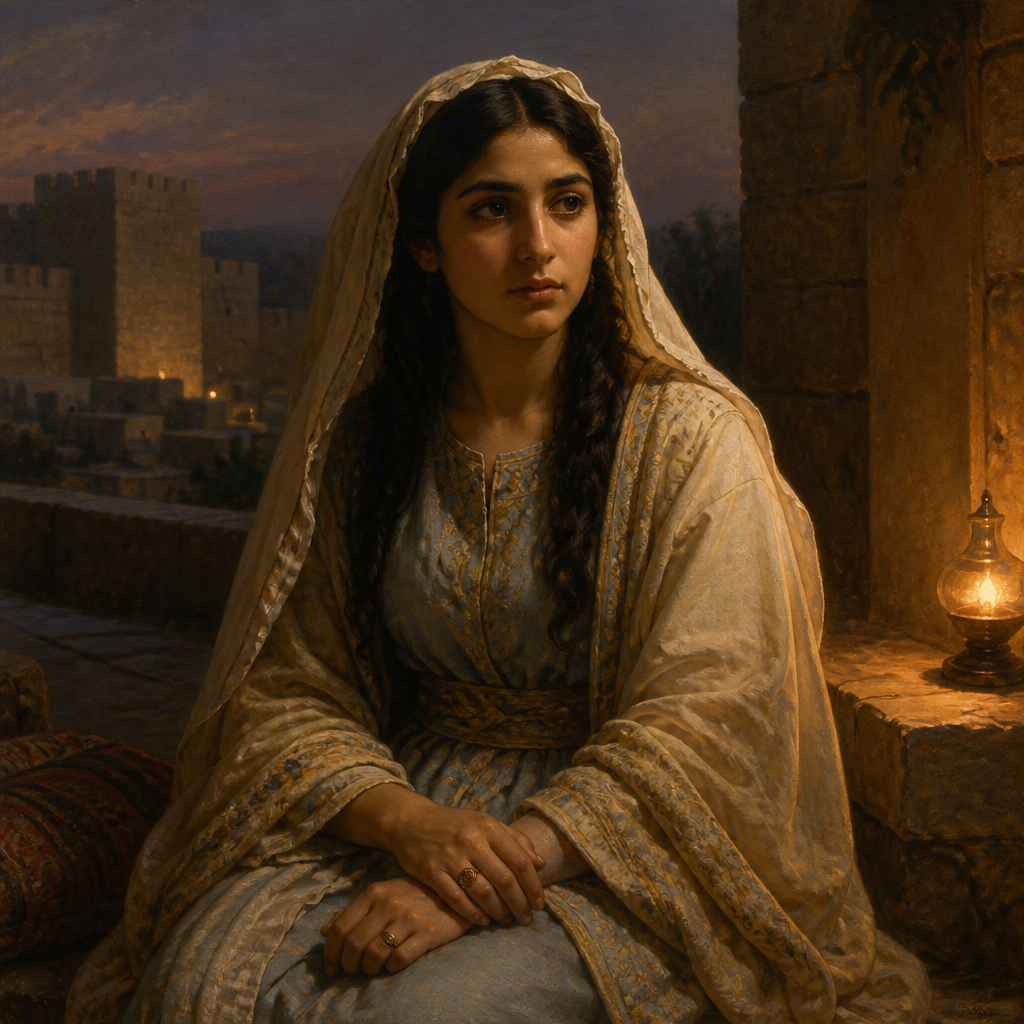 Oil-painting style portrait of Daughter of Meshullam, Jewish woman whose marriage to Jehohanan created a political link between Jerusalem's builders and Tobiah the Ammonite