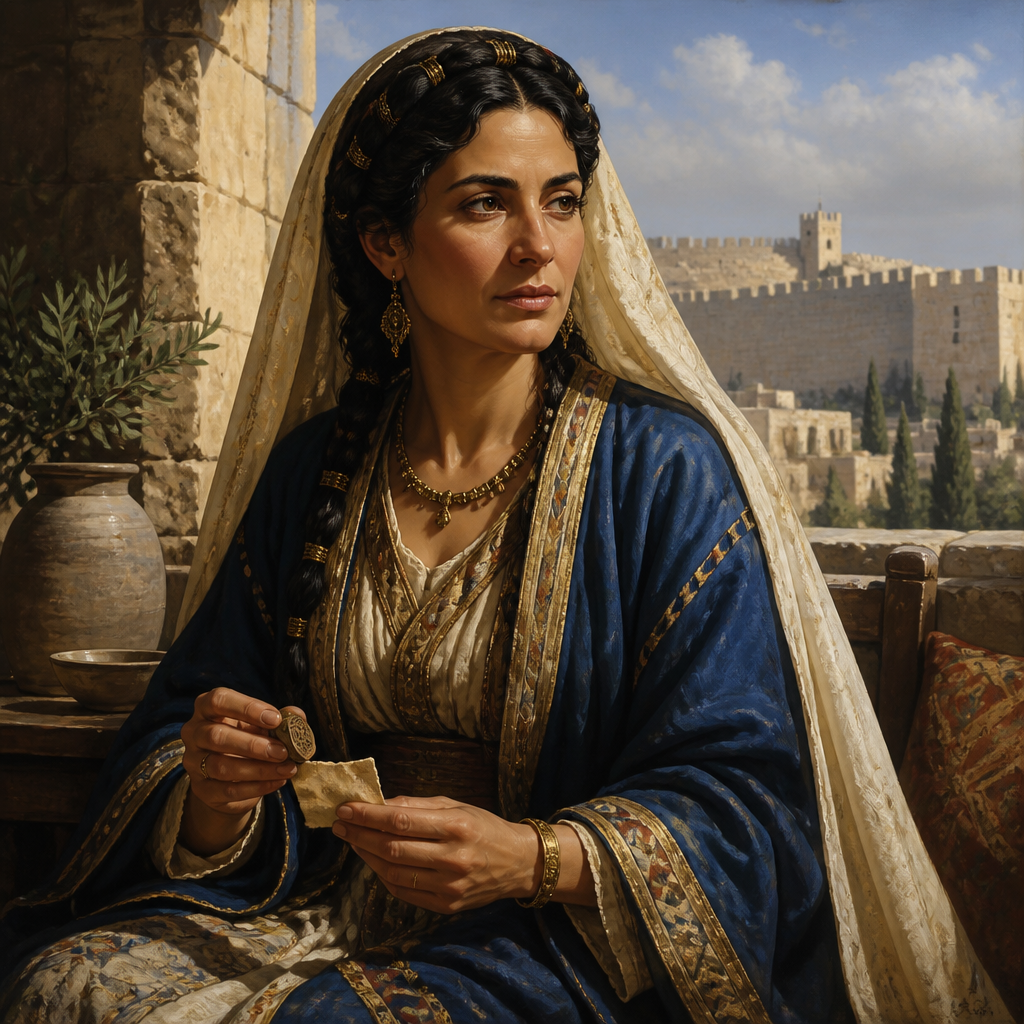Oil-painting style portrait of Daughter of Shecaniah, Wife of Tobiah the Ammonite whose marriage created political complications for Nehemiah
