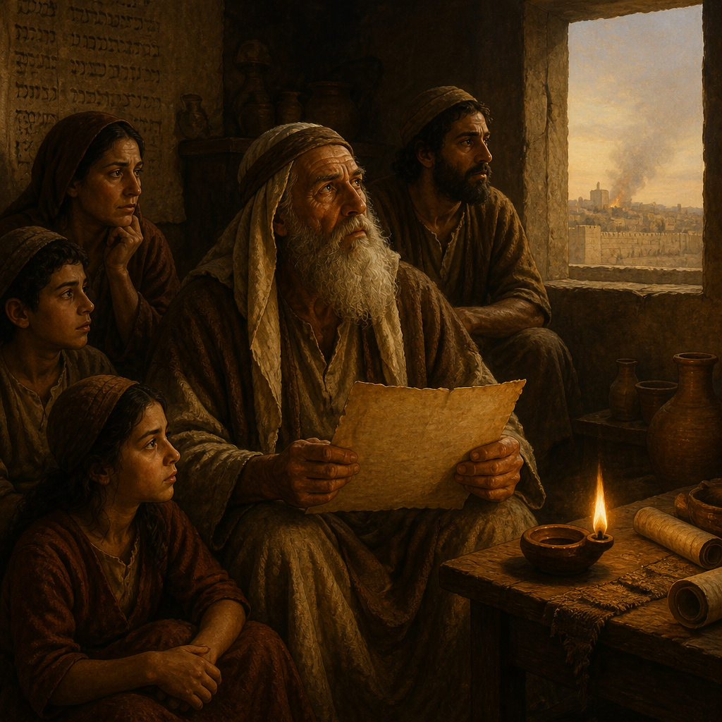 Oil-painting style scene of Delaiah, Ancestor of Returnees, figures from the Bible