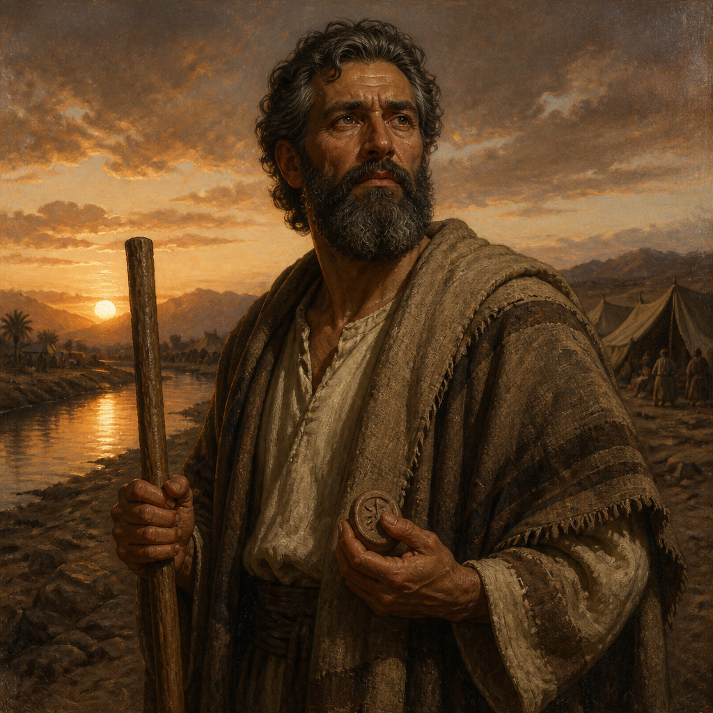 Oil-painting style portrait of Ebed, descendant of Adin, Leader of fifty men from the family of Adin who returned to Jerusalem from Babylon with Ezra