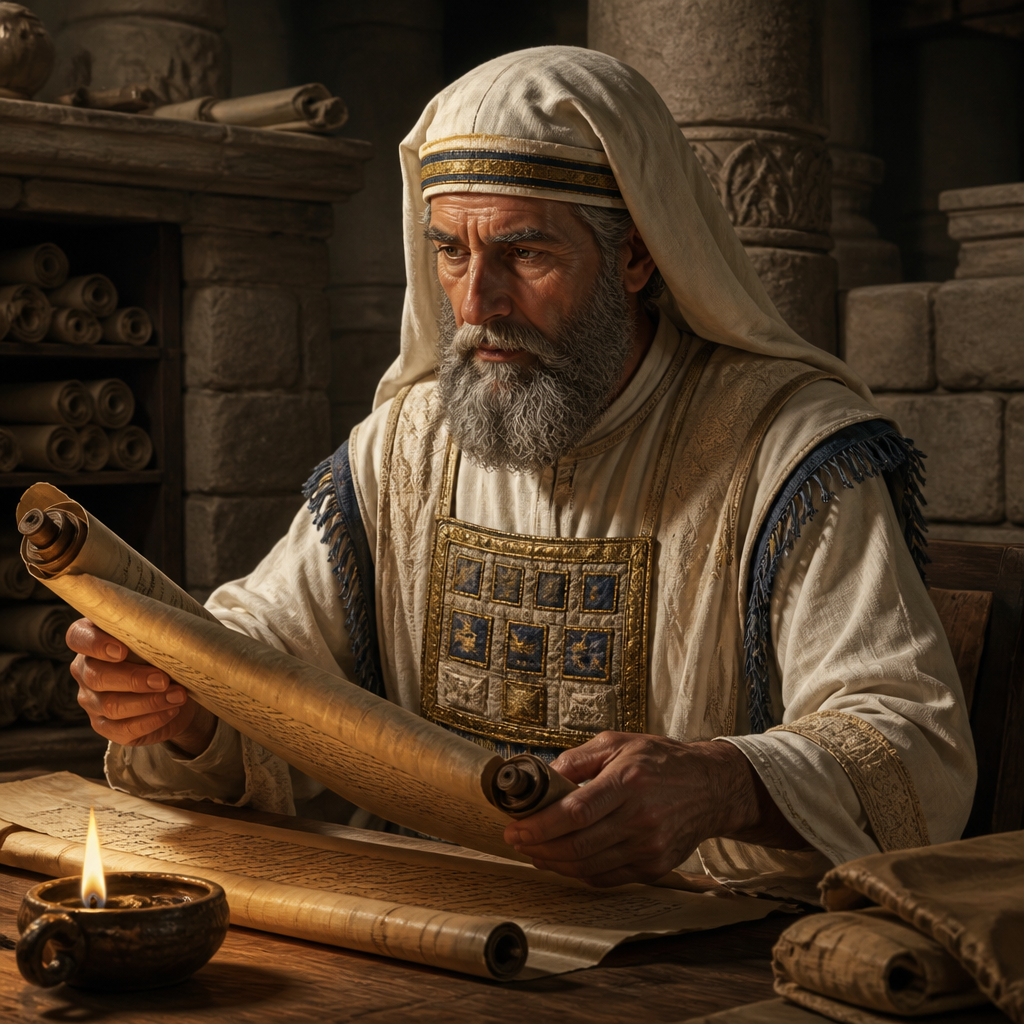 Oil-painting style portrait of Eliashib, Son of Joiakim, High priest who presided over the levitical family records during the return from exile
