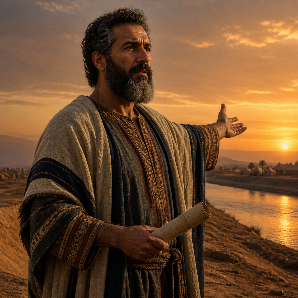Oil-painting style portrait of Eliezer, Leader of the Post-Exilic Return, Leader who helped Ezra recruit Levites at the river of Ahava