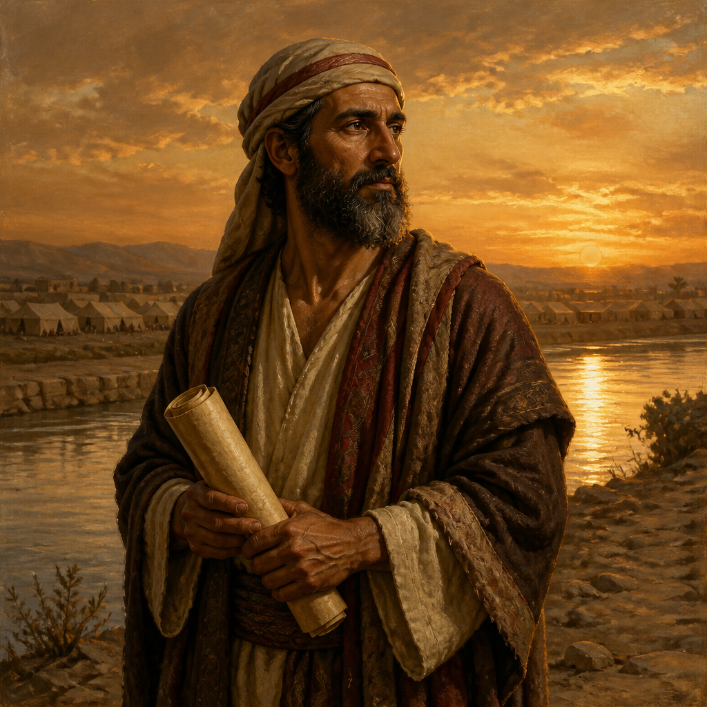 Oil-painting style portrait of Elnathan, Leader of the Return, Leader summoned by Ezra to recruit Levites for the return to Jerusalem